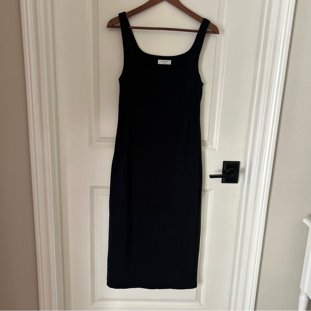 Aritzia Babaton Black Midi Tank Dress Square Neck Sleeveless Bodycon Size L